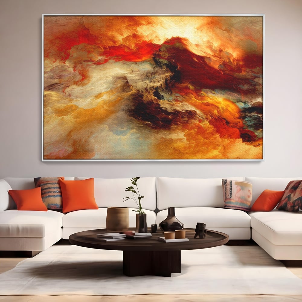 Tablou canvas cu tablou canvas cu compozitie abstracta portocalie, in rama de aluminiu argintiu, pe perete intr-un living